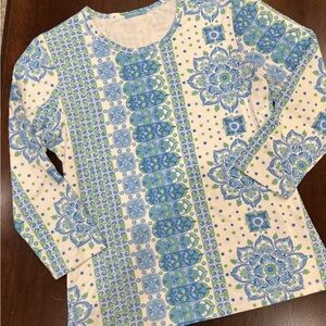 J. MCLAUGHLIN Womens Catalina Cloth Blue White Blouse Top 3/4 Sleeve L Large